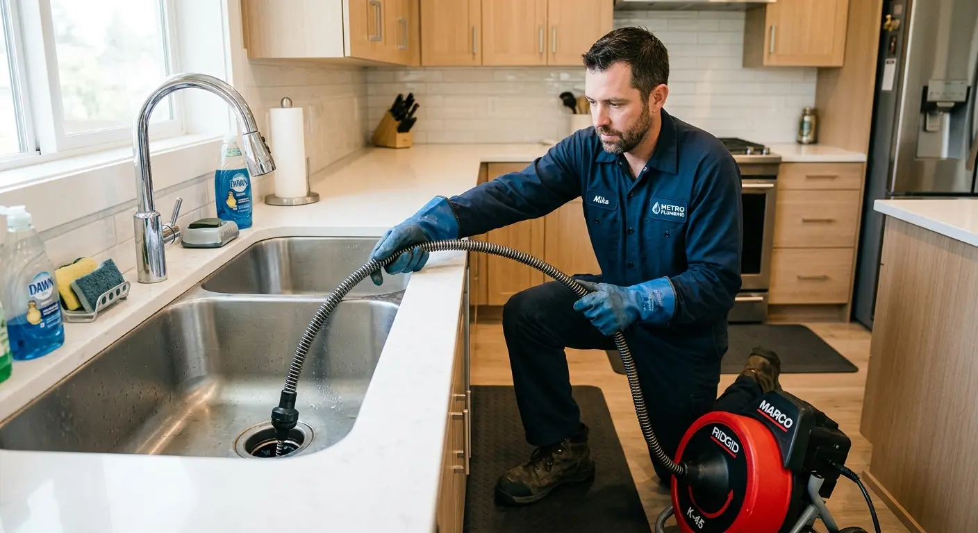 Drain cleaning technician using a motorized snake on a kitchen sink in Dixon