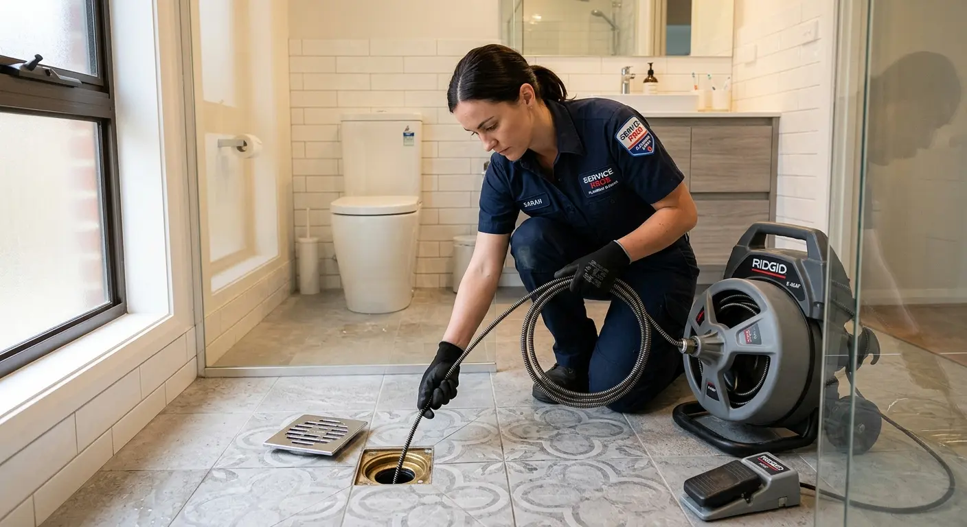 Technician clearing a bathroom floor drain for Drain Cleaning in Dixon